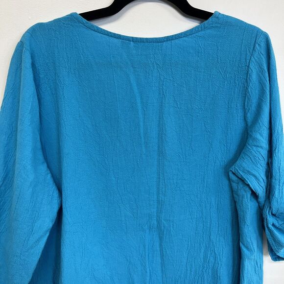 Susan Graver 1X Blue Blouse Sequin Neckline Roll Tab Sleeve Cotton Boho Top - Picture 4 of 13